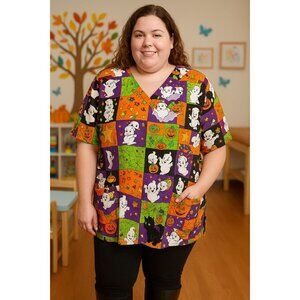 Halloween Scrub Top XL Ghost Patchwork Print The Scrub Co Fall Nurse Workwear
